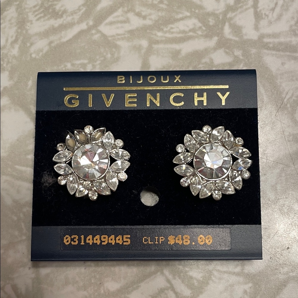 Givenchy Crystal Floral Cluster Clip-On Earrings - Silver and Clear